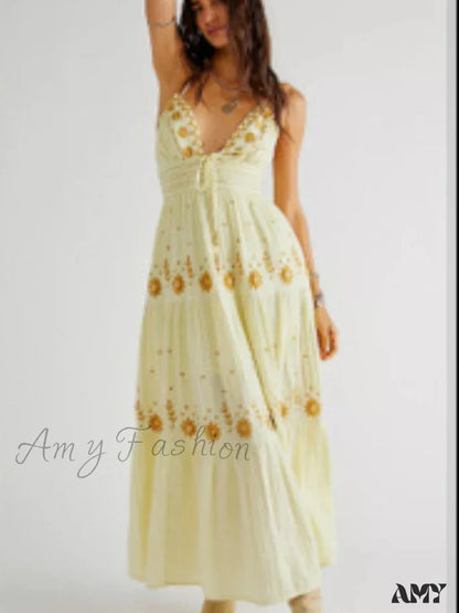 Amy Fashion - Bohemian Flower Birthday Beach Holiday Boho Dress Yellow / S