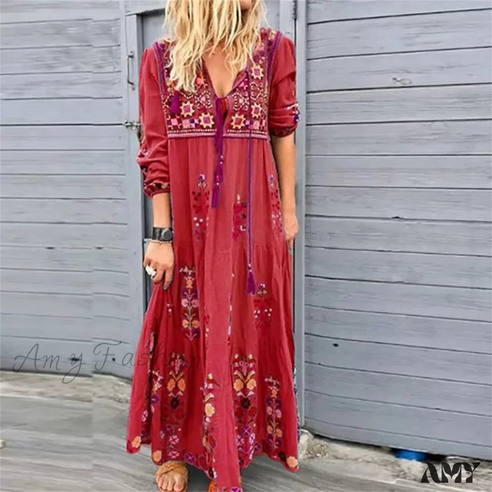 Amy Fashion - Bohemian Flower Elegant Long Floral V Neck Boho Dress