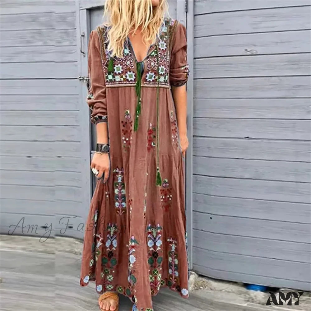 Amy Fashion - Bohemian Flower Elegant Long Floral V Neck Boho Dress