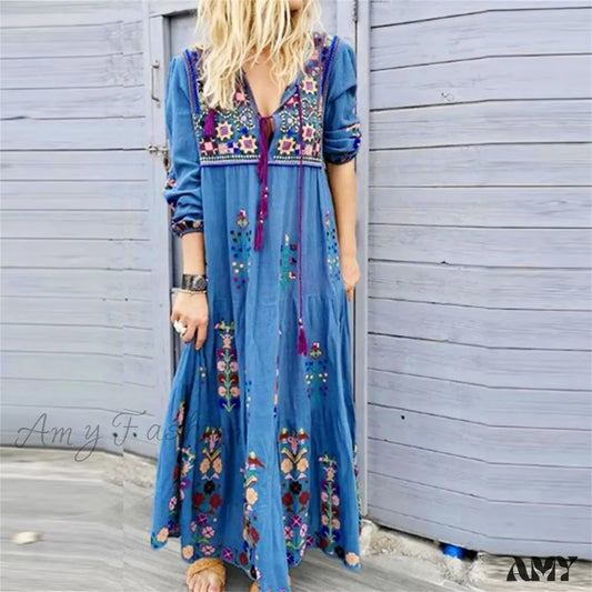 Amy Fashion - Bohemian Flower Elegant Long Floral V Neck Boho Dress