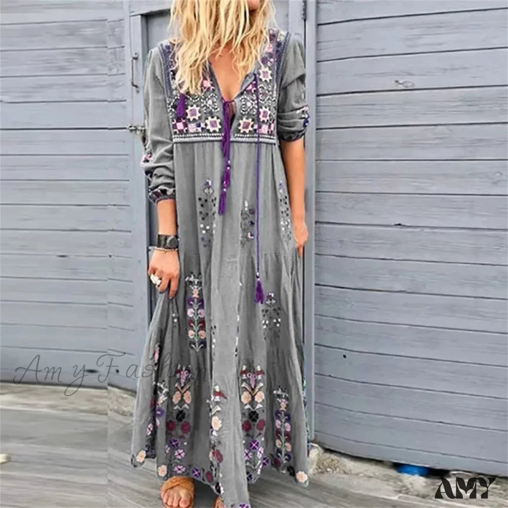 Amy Fashion - Bohemian Flower Elegant Long Floral V Neck Boho Dress