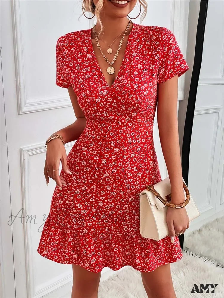 Amy Fashion - Bohemian Flower Summer Short Women Boho Dress Red / S