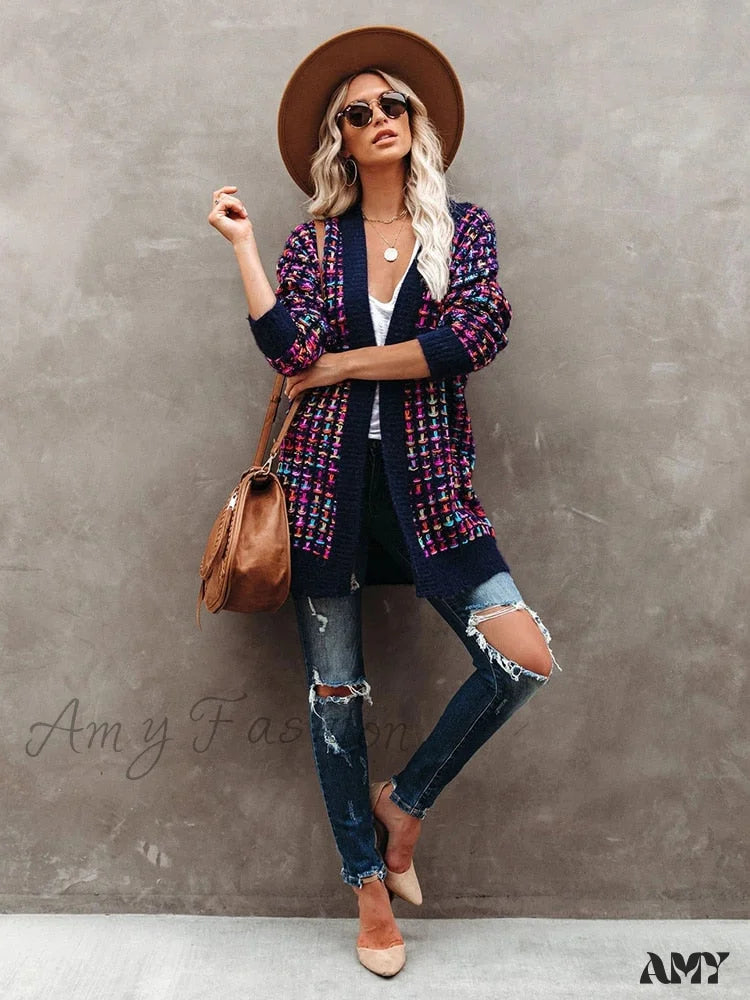 Amy Fashion - Bohemian Plaid Cardigans Vintage Long Coat Female Jacket