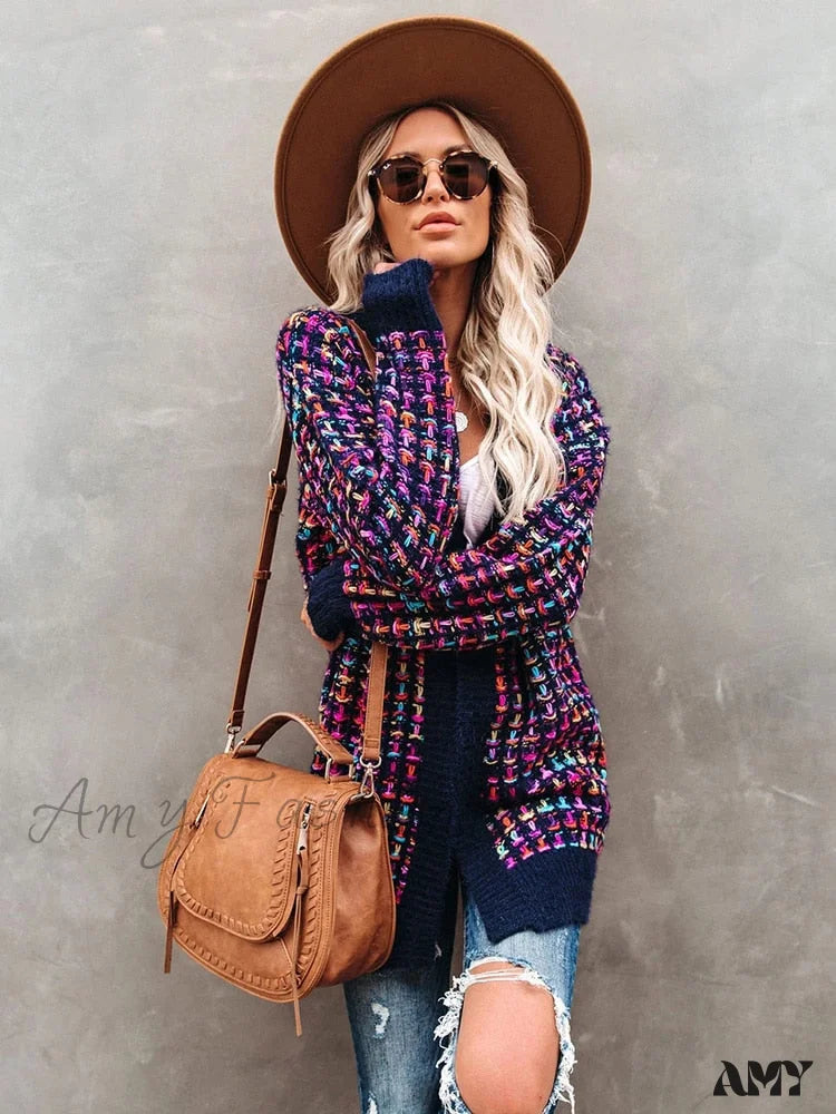 Amy Fashion - Bohemian Plaid Cardigans Vintage Long Coat Female Jacket