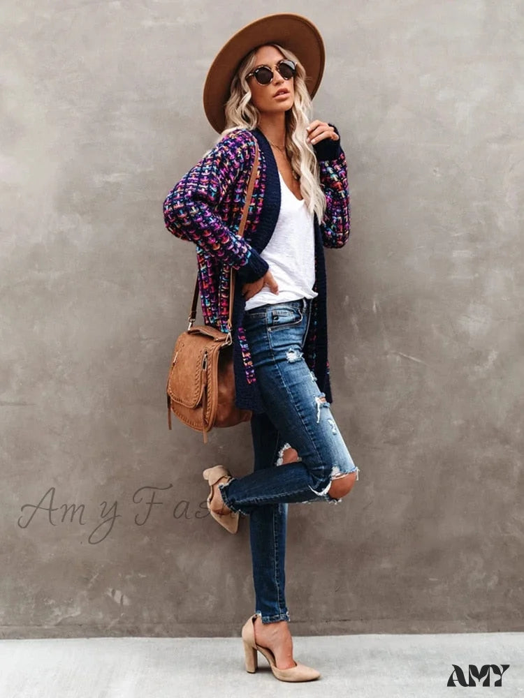 Amy Fashion - Bohemian Plaid Cardigans Vintage Long Coat Female Jacket