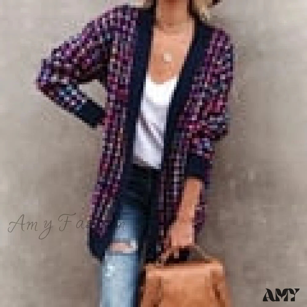 Amy Fashion - Bohemian Plaid Cardigans Vintage Long Coat Female Jacket Purple / M