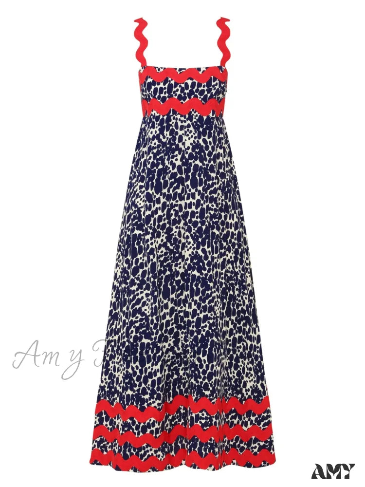 Amy Fashion - Bohemian Summer Printed A-Line Sexy Backless Spaghetti Strap Boho Dress Dark Blue / S