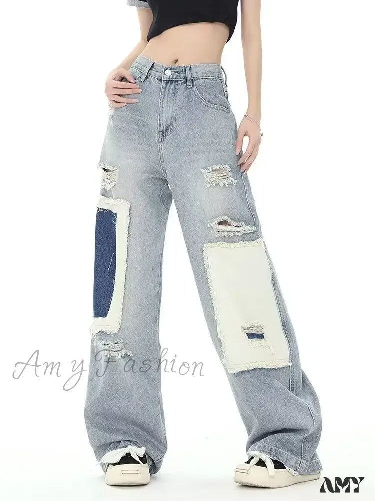 Amy Fashion - Broken Hole Patch Summer Crowd High Waist Loose Straight Leg Women’s Jean