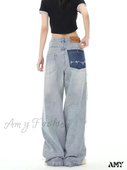 Amy Fashion - Broken Hole Patch Summer Crowd High Waist Loose Straight Leg Women’s Jean