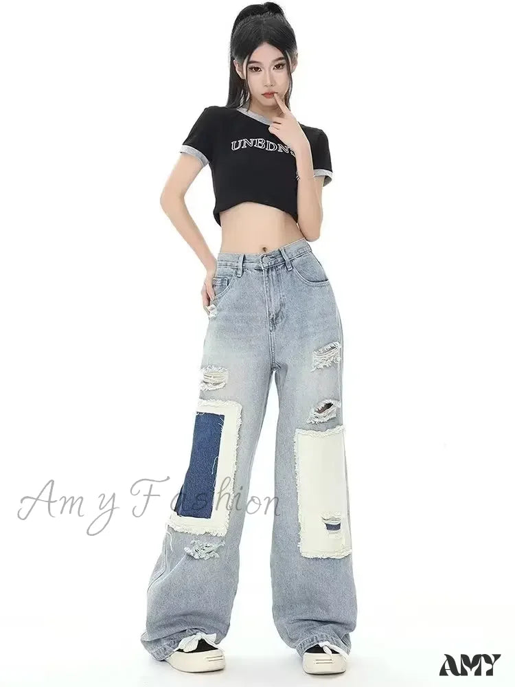 Amy Fashion - Broken Hole Patch Summer Crowd High Waist Loose Straight Leg Women’s Jean