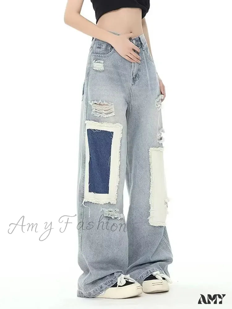 Amy Fashion - Broken Hole Patch Summer Crowd High Waist Loose Straight Leg Women’s Jean