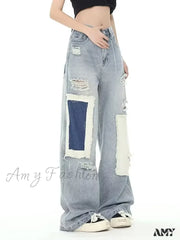 Amy Fashion - Broken Hole Patch Summer Crowd High Waist Loose Straight Leg Women’s Jean