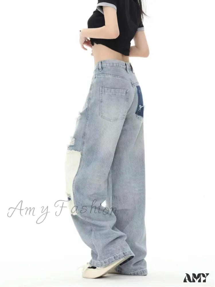 Amy Fashion - Broken Hole Patch Summer Crowd High Waist Loose Straight Leg Women’s Jean