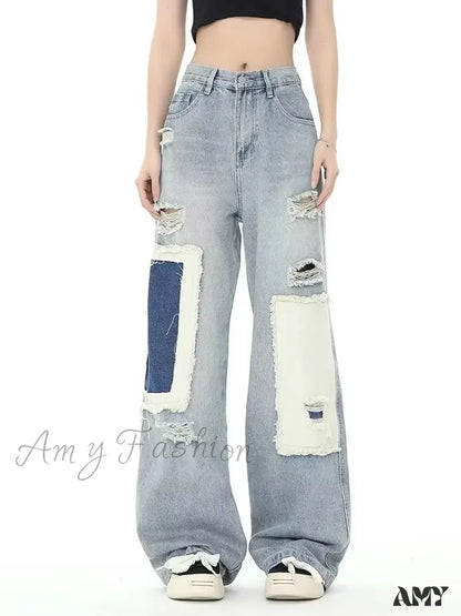 Amy Fashion - Broken Hole Patch Summer Crowd High Waist Loose Straight Leg Women’s Jean Blue / S