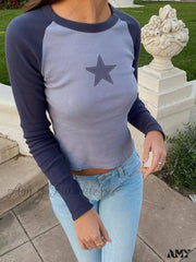 Amy Fashion - Brown Star Print Casual T-Shirt