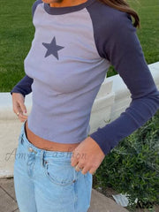 Amy Fashion - Brown Star Print Casual T-Shirt