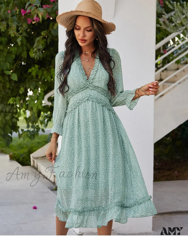 Amy Fashion - Butterfly Sleeve High Waist Casual Print Dresses