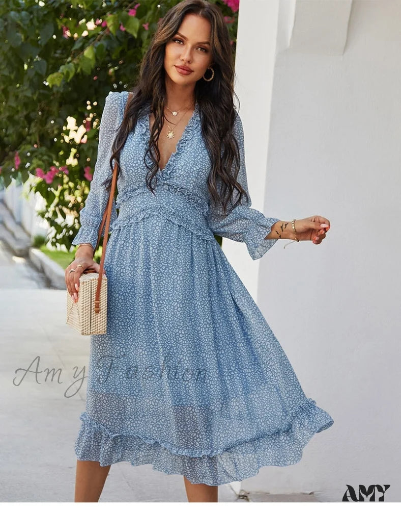 Amy Fashion - Butterfly Sleeve High Waist Casual Print Dresses