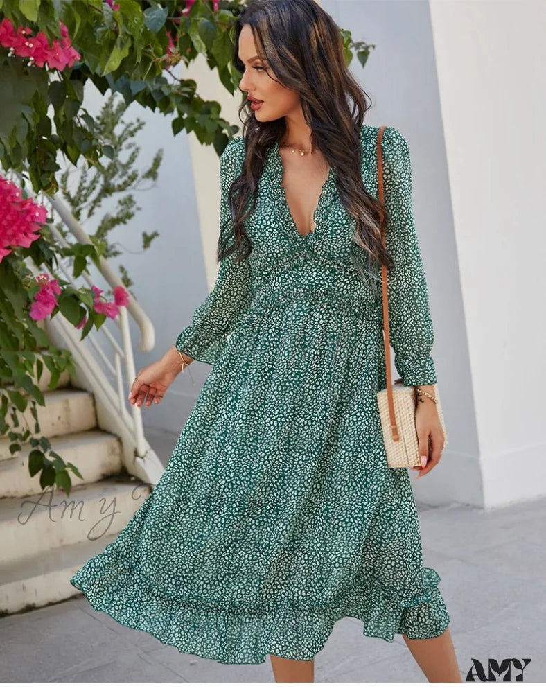 Amy Fashion - Butterfly Sleeve High Waist Casual Print Dresses