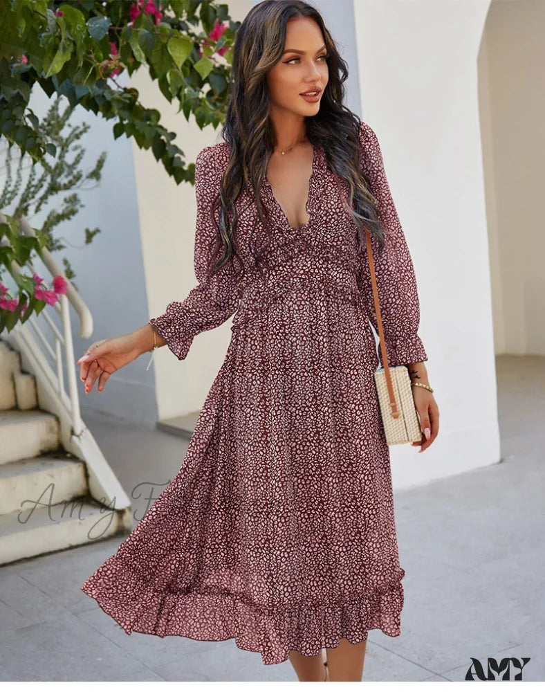 Amy Fashion - Butterfly Sleeve High Waist Casual Print Dresses
