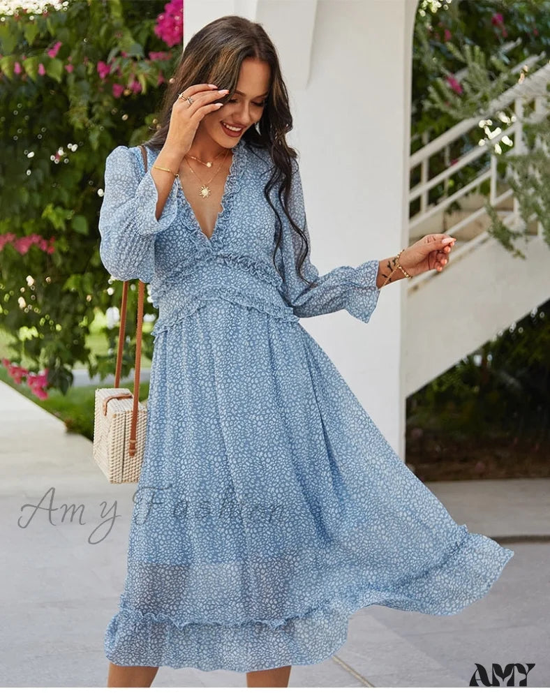 Amy Fashion - Butterfly Sleeve High Waist Casual Print Dresses