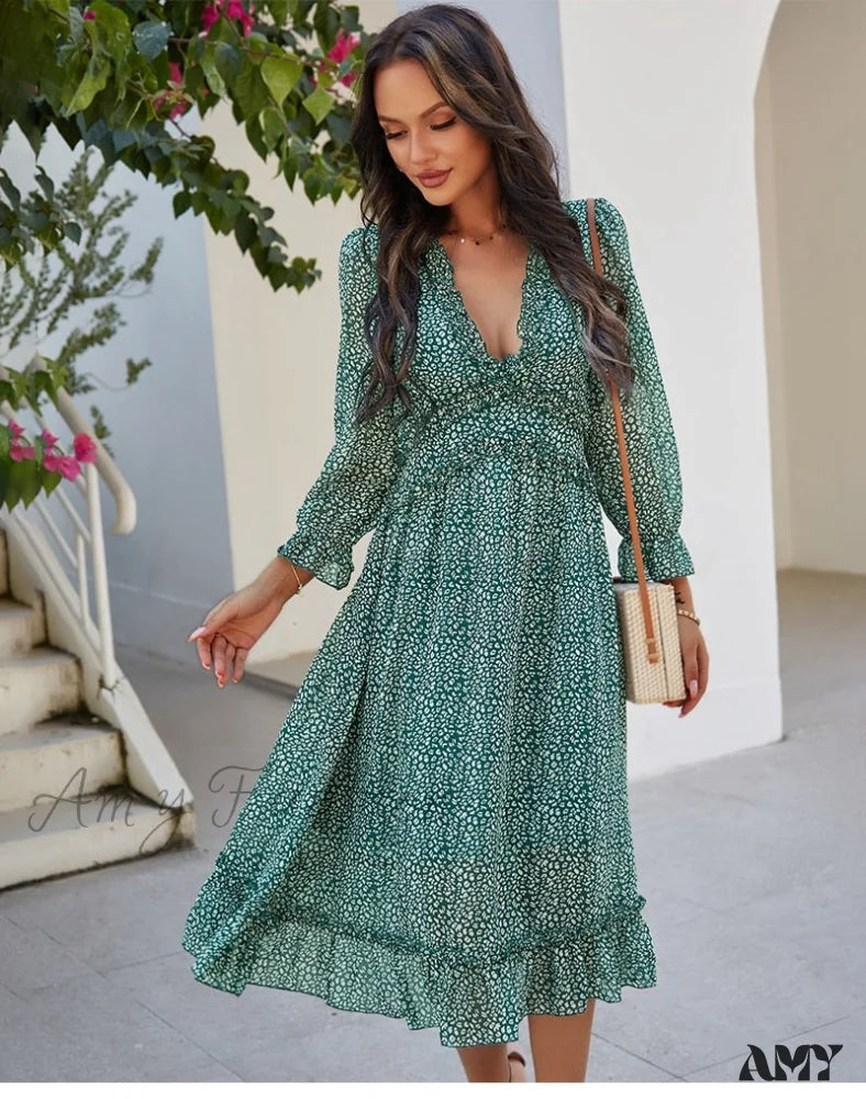 Amy Fashion - Butterfly Sleeve High Waist Casual Print Dresses Green / S
