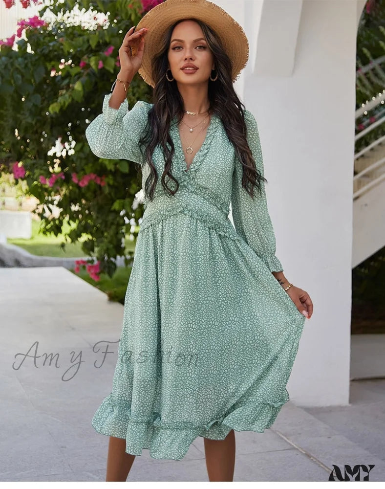 Amy Fashion - Butterfly Sleeve High Waist Casual Print Dresses Light Green / S