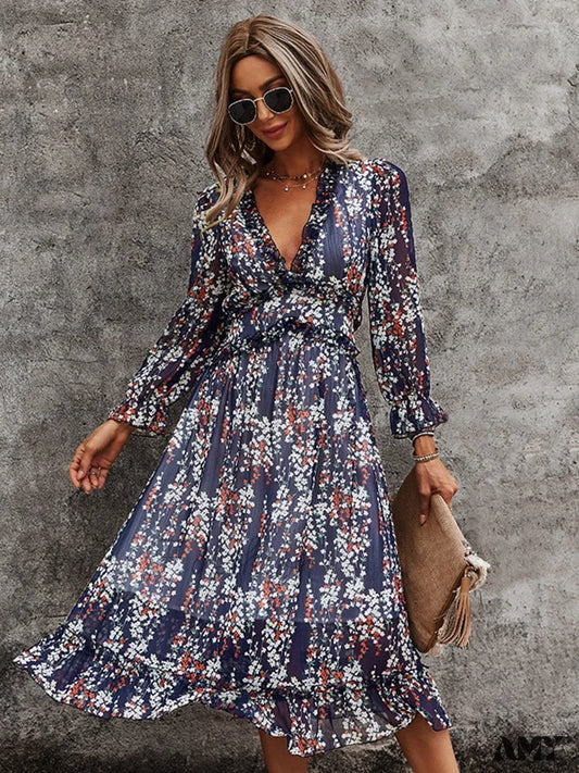 Amy Fashion - Butterfly Sleeve High Waist Casual Print Dresses Navy Blue / S