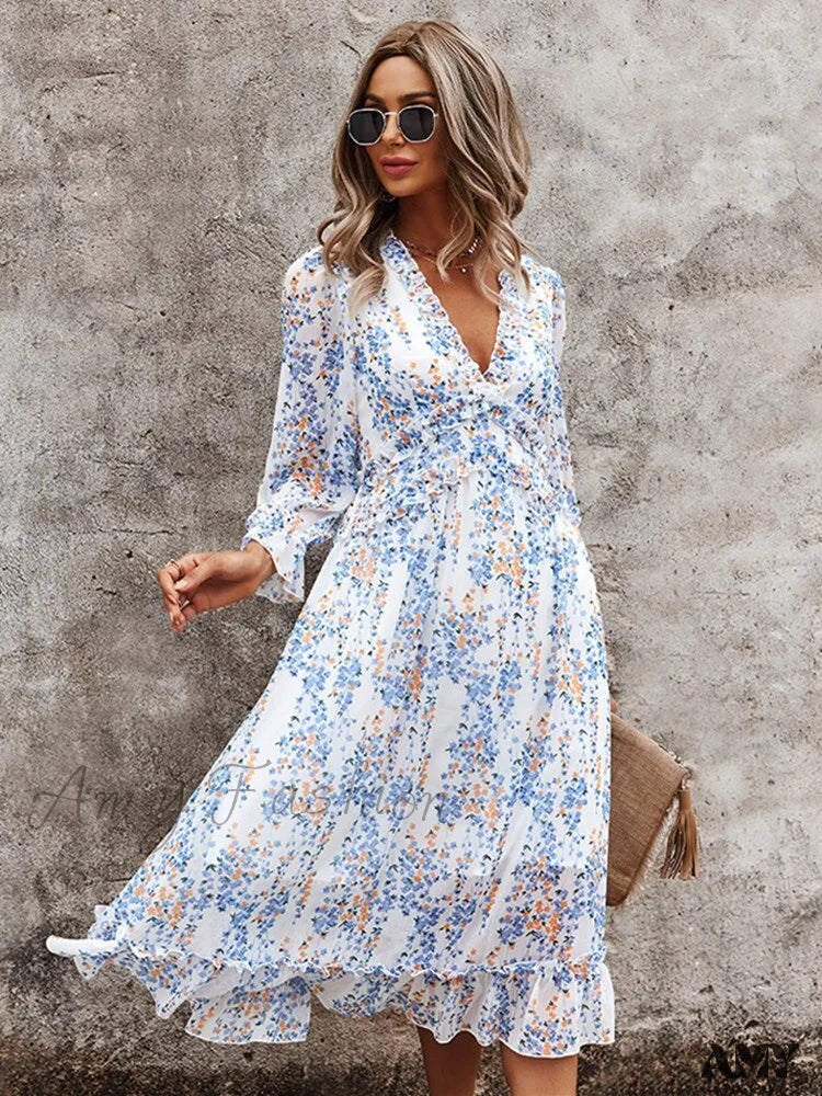 Amy Fashion - Butterfly Sleeve High Waist Casual Print Dresses White / S