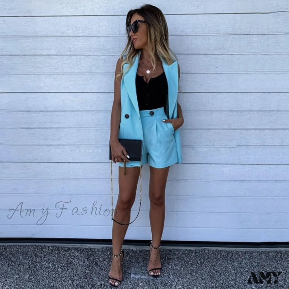 Amy Fashion - Button Up Elastic Waist Tops Blue 2 / S