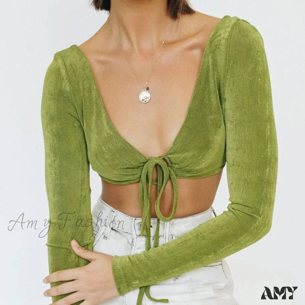 Amy Fashion - Button Up Elastic Waist Tops Light Green / S