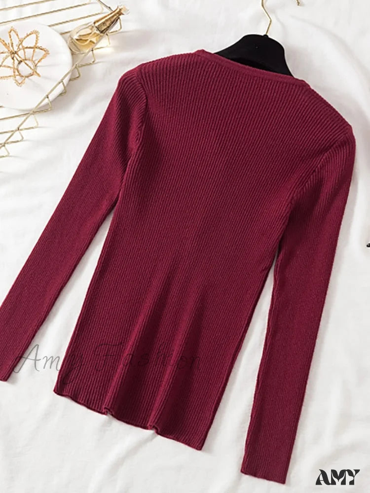 Amy Fashion - Button V Neck Basic Slim Tops