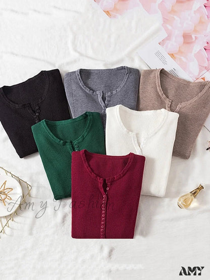 Amy Fashion - Button V Neck Basic Slim Tops