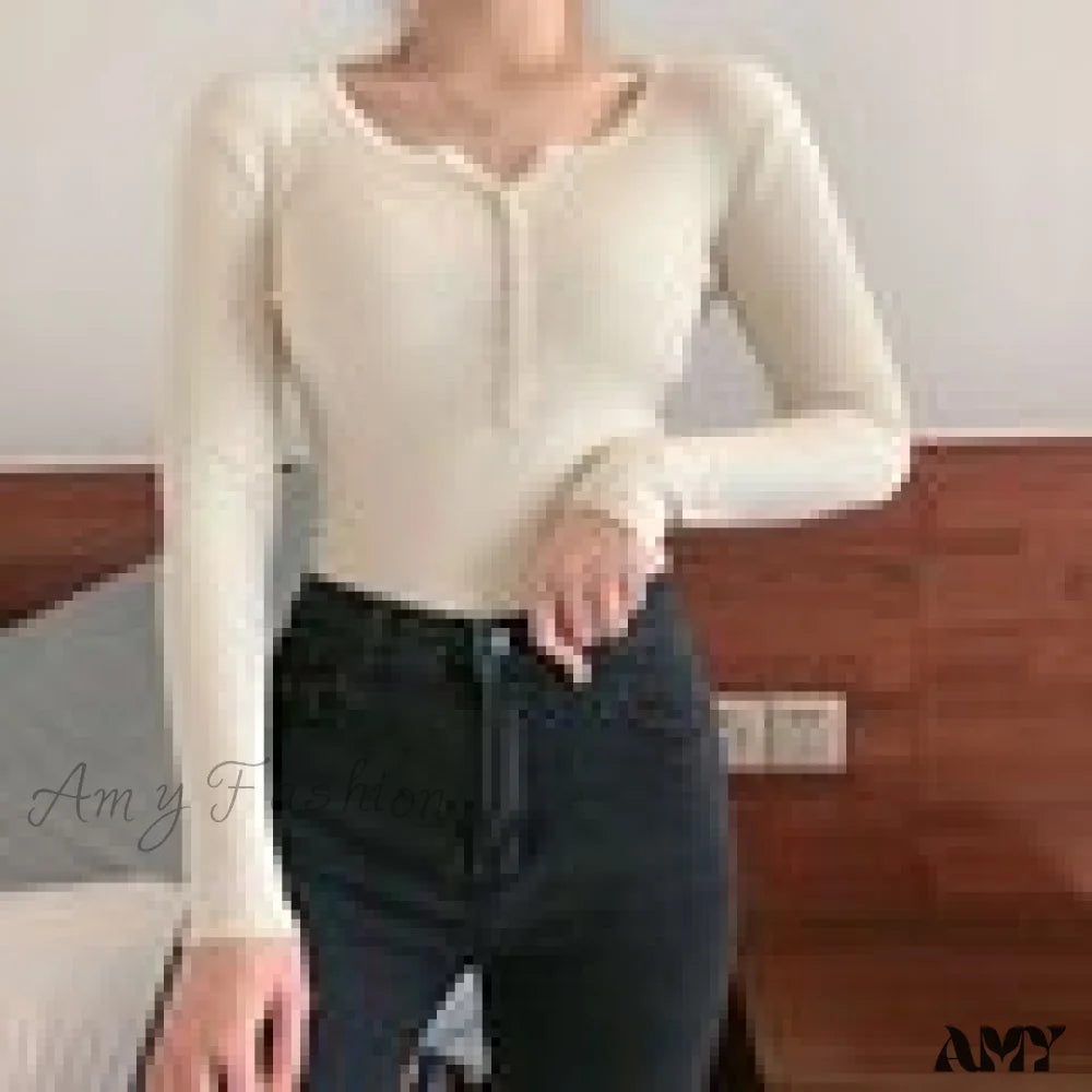 Amy Fashion - Button V Neck Basic Slim Tops Beige / One Size