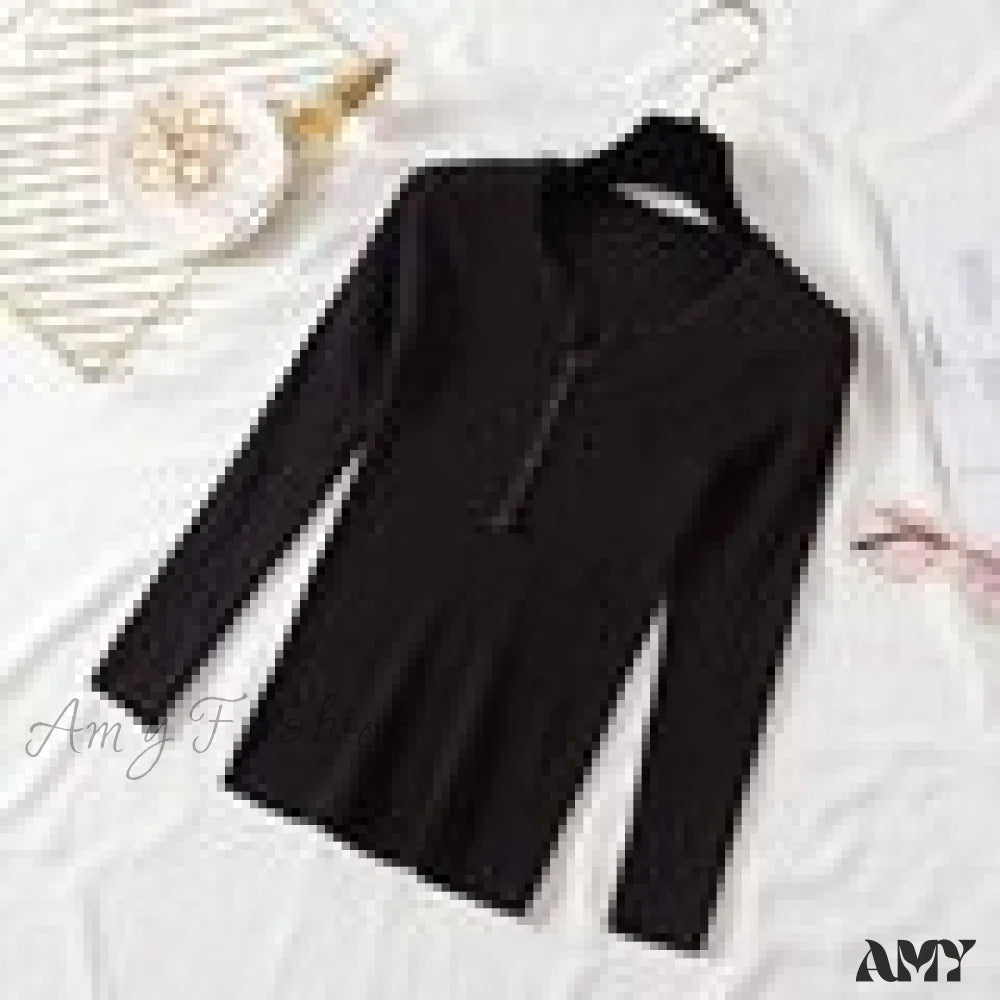 Amy Fashion - Button V Neck Basic Slim Tops Black / One Size