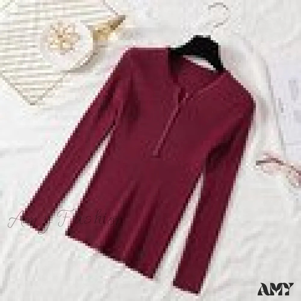 Amy Fashion - Button V Neck Basic Slim Tops Burgundy / One Size