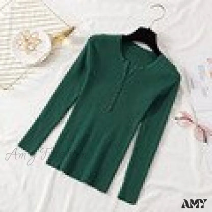 Amy Fashion - Button V Neck Basic Slim Tops Green / One Size