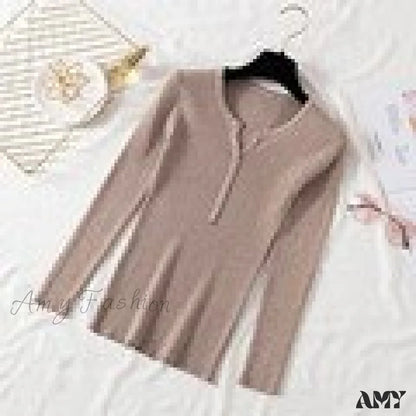 Amy Fashion - Button V Neck Basic Slim Tops Khaki / One Size