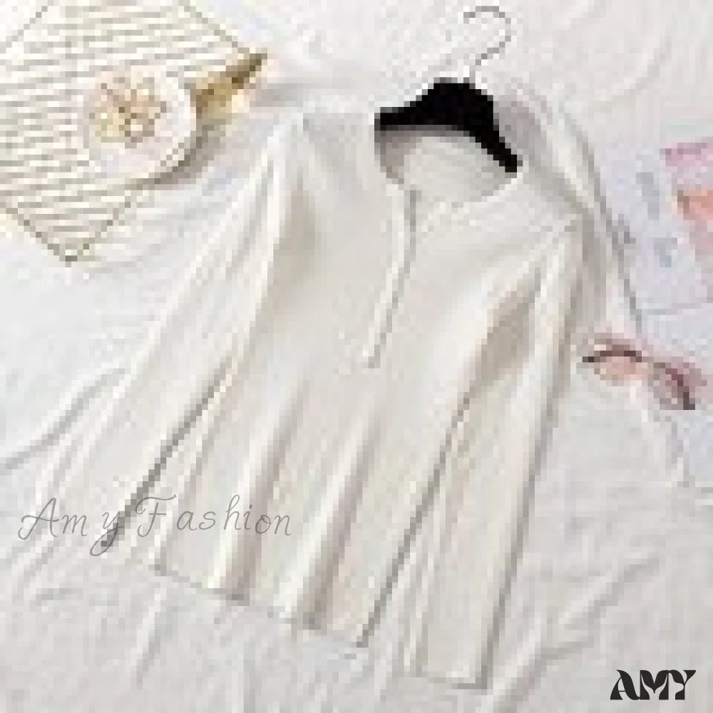 Amy Fashion - Button V Neck Basic Slim Tops White / One Size