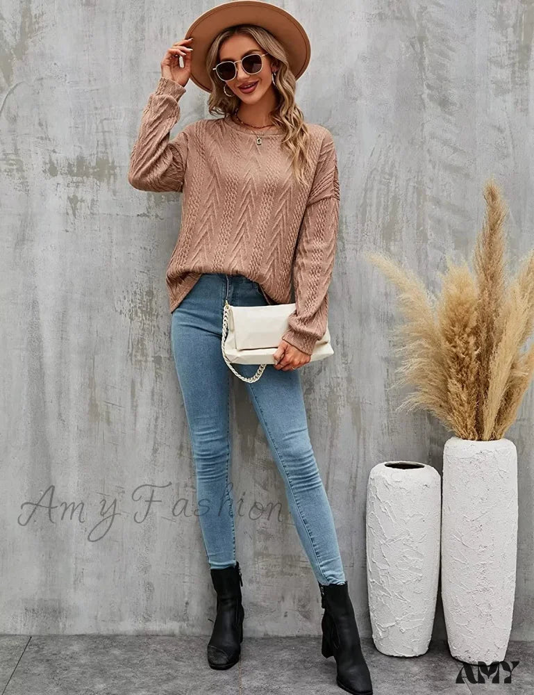 Amy Fashion - Cable Knit Tunic Sweater Crewneck Long Sleeve