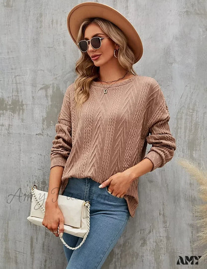 Amy Fashion - Cable Knit Tunic Sweater Crewneck Long Sleeve