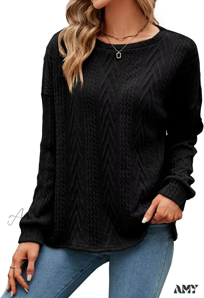 Amy Fashion - Cable Knit Tunic Sweater Crewneck Long Sleeve Black / Small