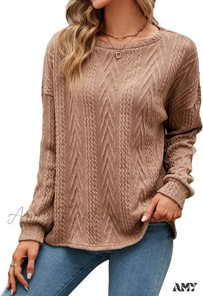 Amy Fashion - Cable Knit Tunic Sweater Crewneck Long Sleeve Brown / Small