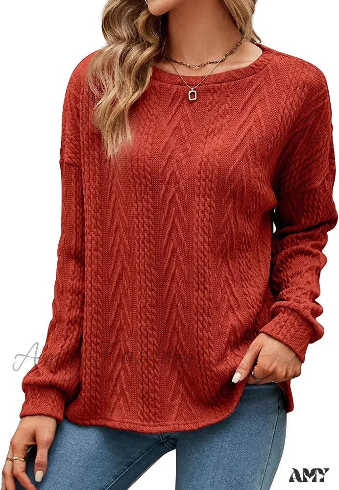 Amy Fashion - Cable Knit Tunic Sweater Crewneck Long Sleeve Burnt Orange / Medium