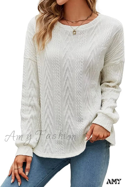 Amy Fashion - Cable Knit Tunic Sweater Crewneck Long Sleeve White / Large