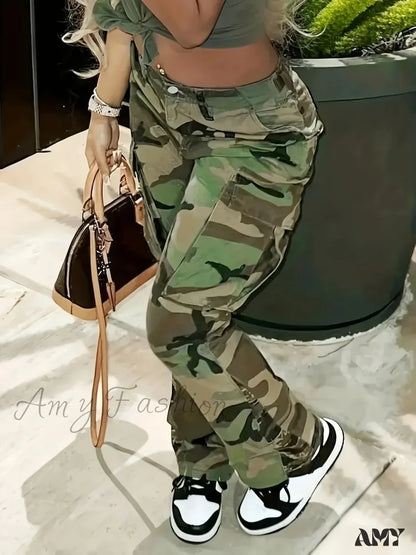 Amy Fashion - Camo Print Side Flap Pocket Cargo Loose Fit Stretchy Y2K Kpop Denim Women’s &