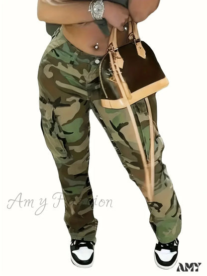 Amy Fashion - Camo Print Side Flap Pocket Cargo Loose Fit Stretchy Y2K Kpop Denim Women’s &