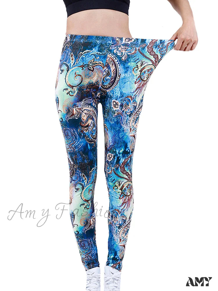 Amy Fashion - Camouflage Graffiti Style Slim Stretch Trouser Blue Graffiti / S