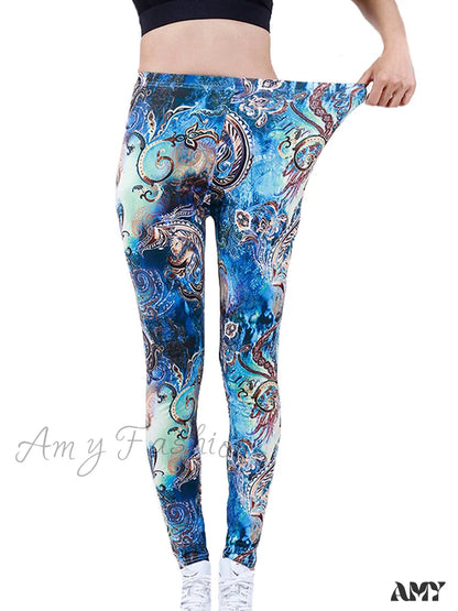 Amy Fashion - Camouflage Graffiti Style Slim Stretch Trouser Blue Graffiti / S