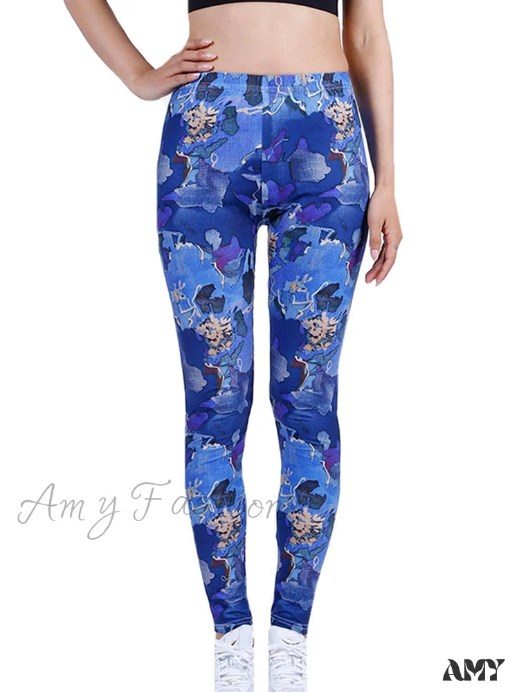 Amy Fashion - Camouflage Graffiti Style Slim Stretch Trouser Dream Blue Flower / S